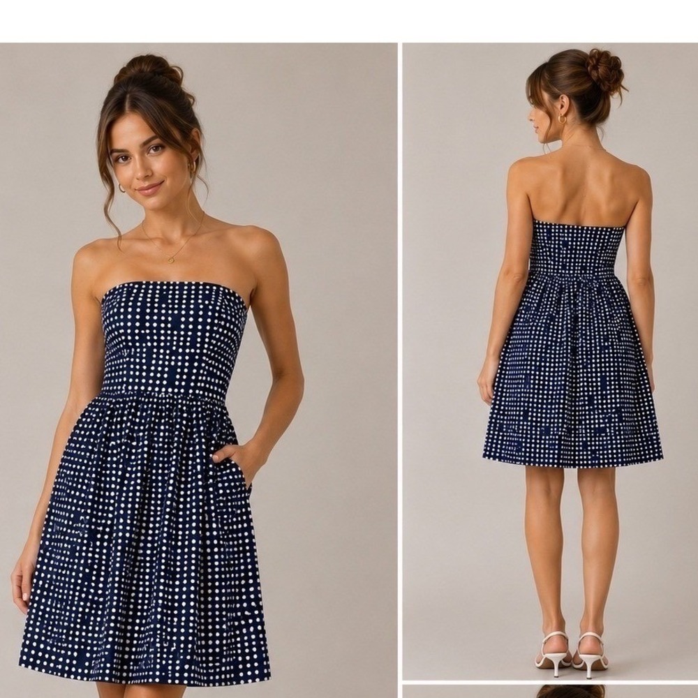 Womens 0 Gap Dress Cotton Linen Navy Polka Dot Strapless Fit Flare Coastal
